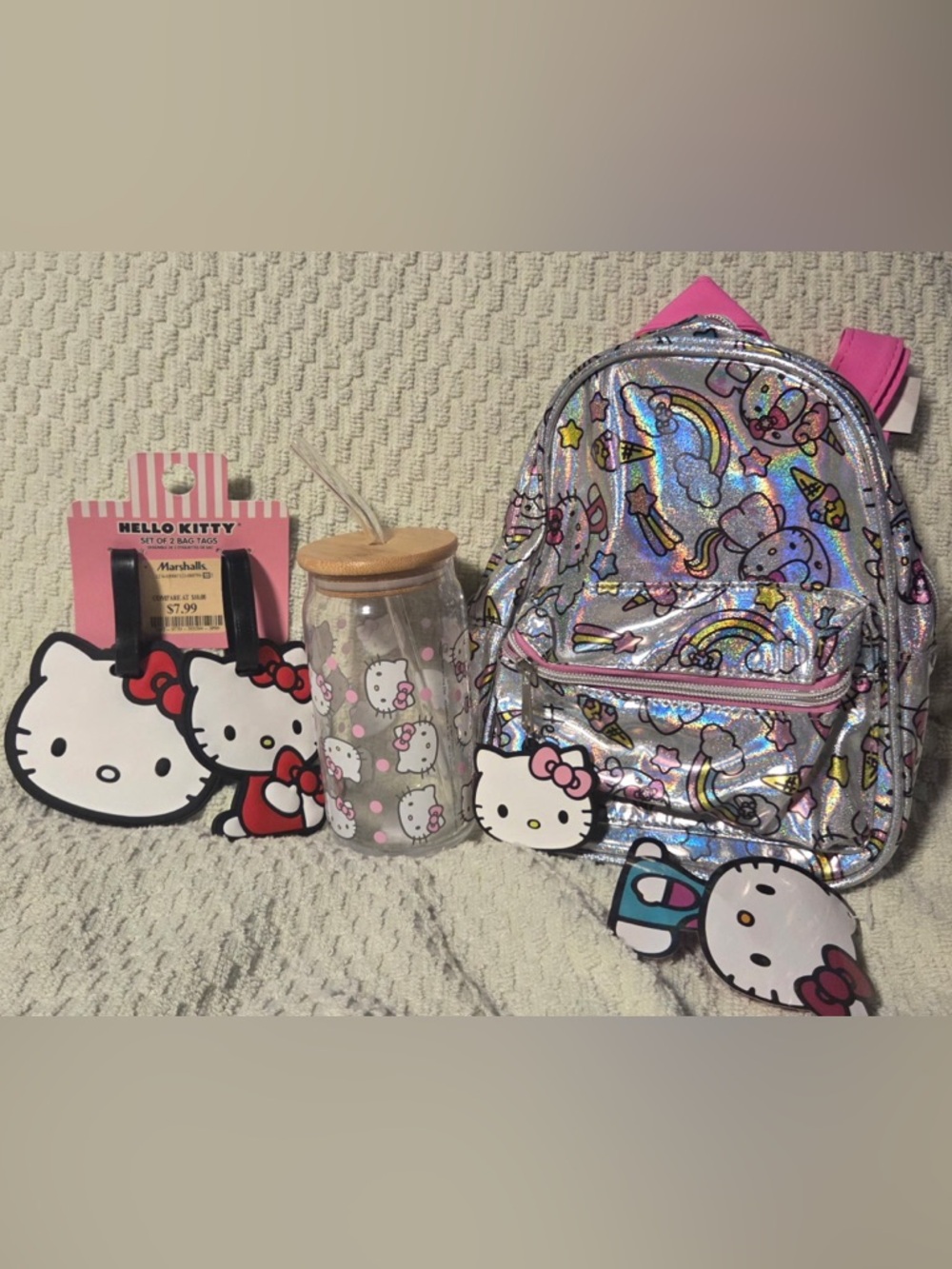 Hello Kitty Holographic Rainbow Unicorn Kids Backpack - Silver with Pink Accents